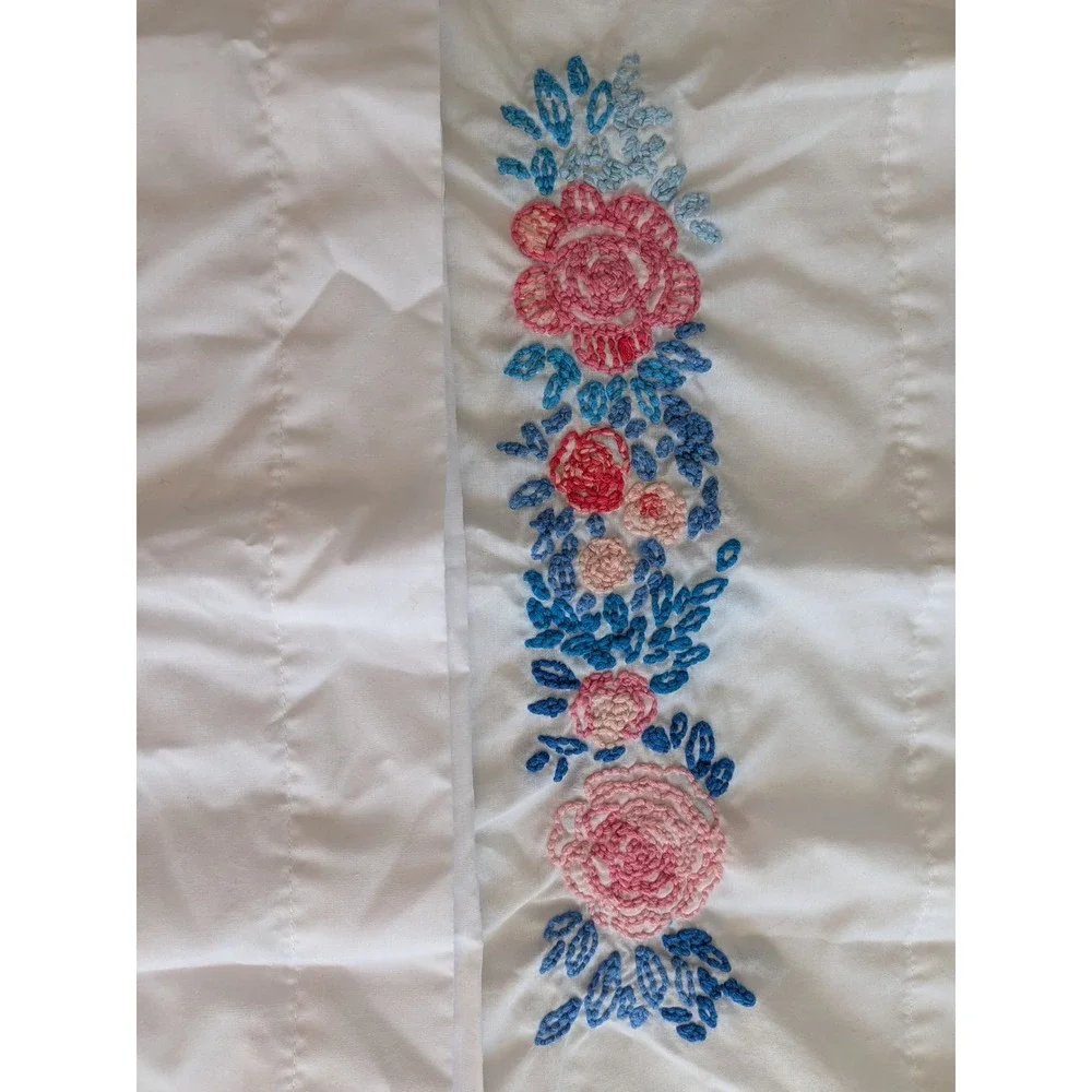 Vintage Hand Embroidered Floral Bird Cotton Pillowcase Set 4 Cottagecore